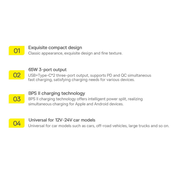 Baseus ładowarka samochodowa Golden Contactor Pro Triple Fast 1x USB 2x USB-C 65W szary