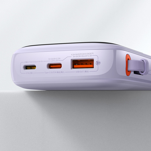 Baseus Qpow power bank 10000mAh wbudowany kabel USB Typu C 22.5W Quick Charge SCP AFC FCP fioletowy (PPQD020105)