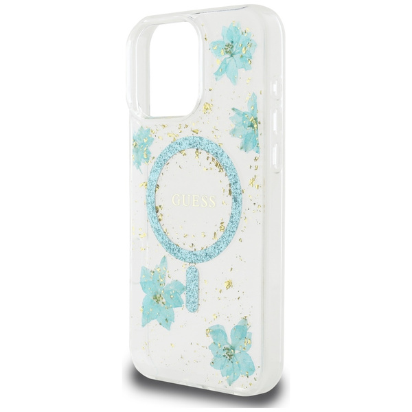 Etui Guess Resin Flowers Glitter MagSafe do iPhone 16 Pro Max turkusowy