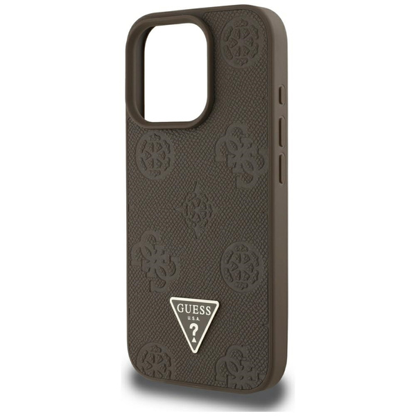 Etui Guess Grained Hot Stamp Peony Triangle Logo MagSafe do iPhone 16 Pro Max brązowy