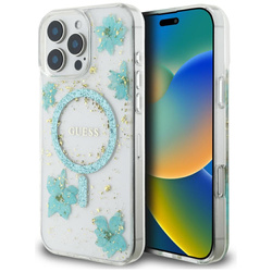 Etui Guess Resin Flowers Glitter MagSafe do iPhone 16 Pro Max turkusowy