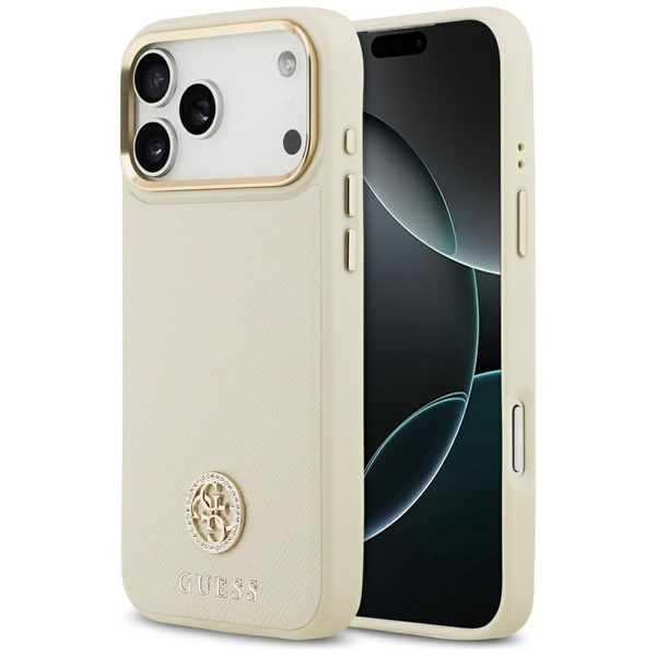 Etui Guess Grained Strass Logo MagSafe   do iPhone 17 Pro Max beżowy