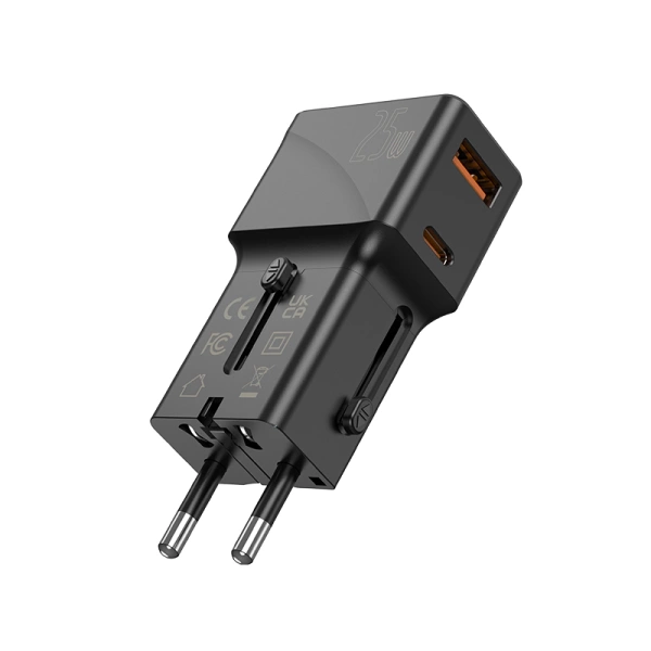 JELLICO uniwersalny adapter podróżny S6 PD 25W 1xUSB-C + 1xUSB QC3.0 Czarny