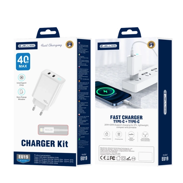 JELLICO wall charger EU19 GaN PD 40W 2xUSB-C + cable USB-C - Lightning White