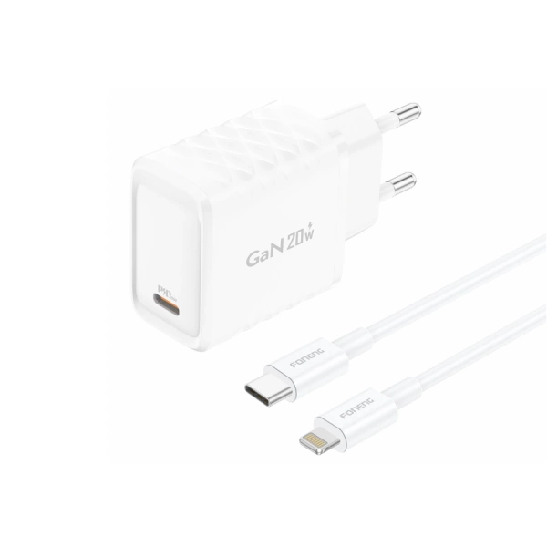 FONENG wall charger EU55 GaN PD 20W 1xUSB-C + cable USB-C - Lightning White