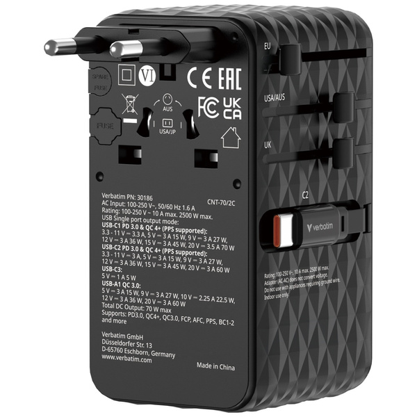 Verbatim Adapter podróżny EU/UK/US GaN   1xUSB-C/1xUSB-A/2xUSB-C PD 70W czarny 30186