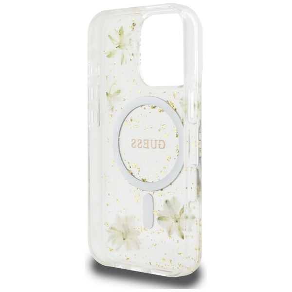 Etui Guess Resin Flowers Glitter MagSafe do iPhone 16 Pro beżowy