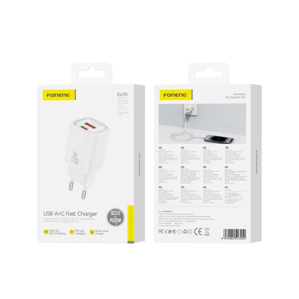 FONENG ładowarka sieciowa EU70 PD 20W 1xUSB-C + 1xUSB QC3.0 Biały