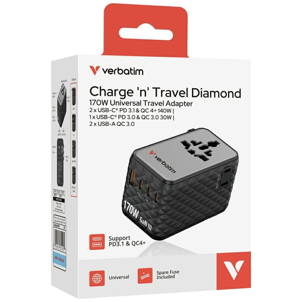 Verbatim Adapter podróżny EU/UK/US GaN   2xUSB-A/3xUSB-C PD 170W czarny 30190