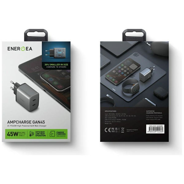 Ładowarka sieciowa Energea Ampcharge GaN45 2xUSB-C PD/PPS/QC3.0 45W szary