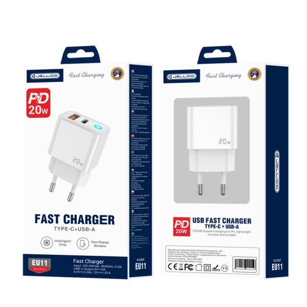 JELLICO wall charger EU11 PD 20W 1xUSB-C + 1xUSB QC3.0 White