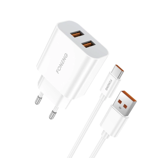 FONENG ładowarka sieciowa EU45 2.4A 12W 2xUSB + kabel USB-C Biały