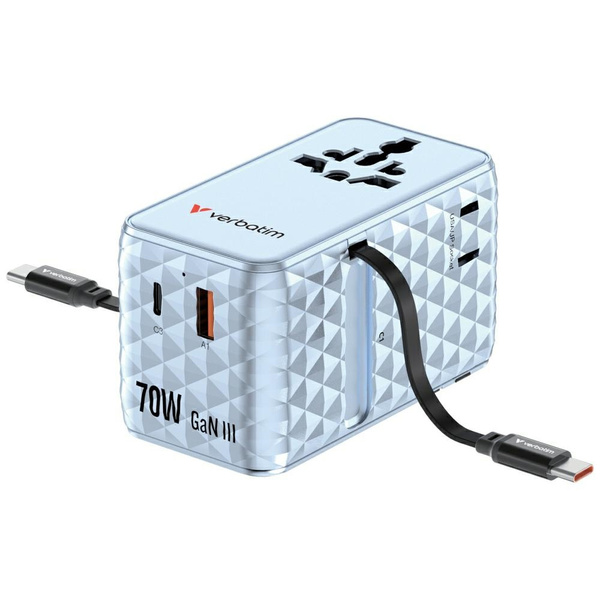 Verbatim Adapter podróżny EU/UK/US GaN   1xUSB-C/1xUSB-A/2xUSB-C PD 70W niebieski 30187