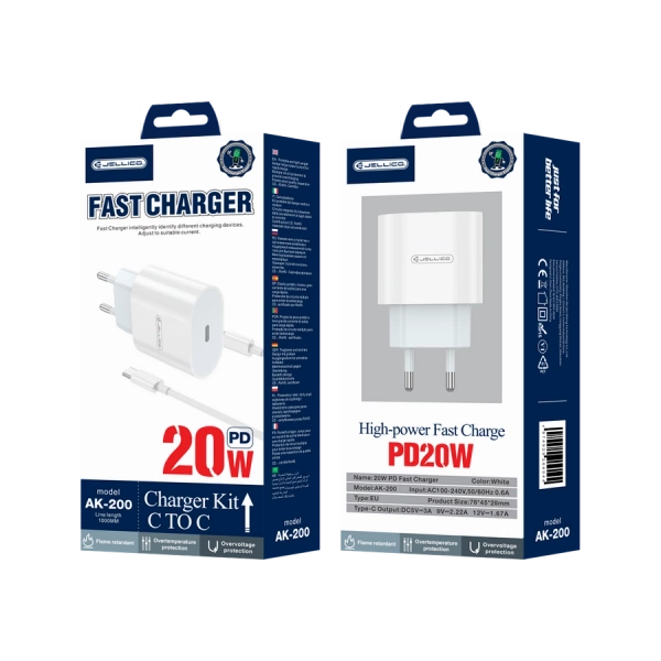JELLICO wall charger AK200 PD 20W 1xUSB-C + cable USB-C - USB-C White