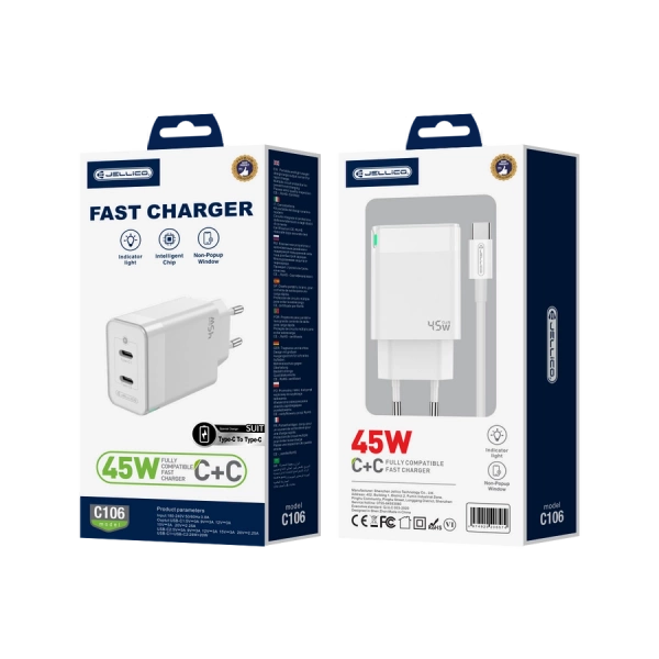 JELLICO wall charger C106 GaN PD 45W 2xUSB-C + cable USB-C - USB-C White
