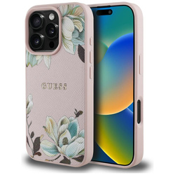 Etui Guess Grained Printed Flower Pattern MagSafe do iPhone 16 Pro różowy