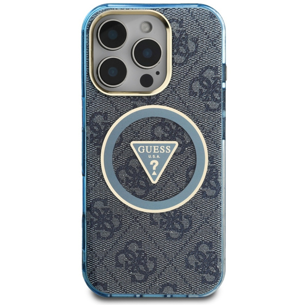 Etui Guess IML Metal Glitter 4G Circle   Triangle MagSafe do iPhone 16 Pro niebieski