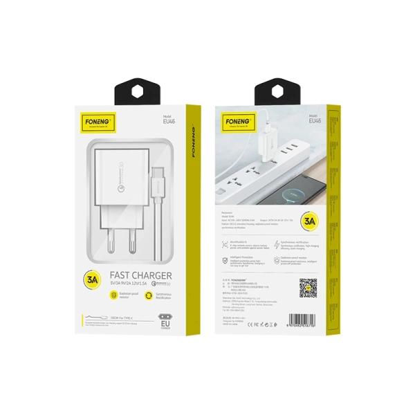 FONENG ładowarka sieciowa EU46 18W 1xUSB QC3.0 + kabel USB-C Biały