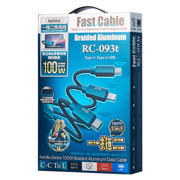 REMAX KEROLLA SERIES 2IN1 FAST CABLE USB TYPE C - USB TYPE C + LIGHTNING PD QC AFC FCP 100W 1M BLUE (RC-093CCL)