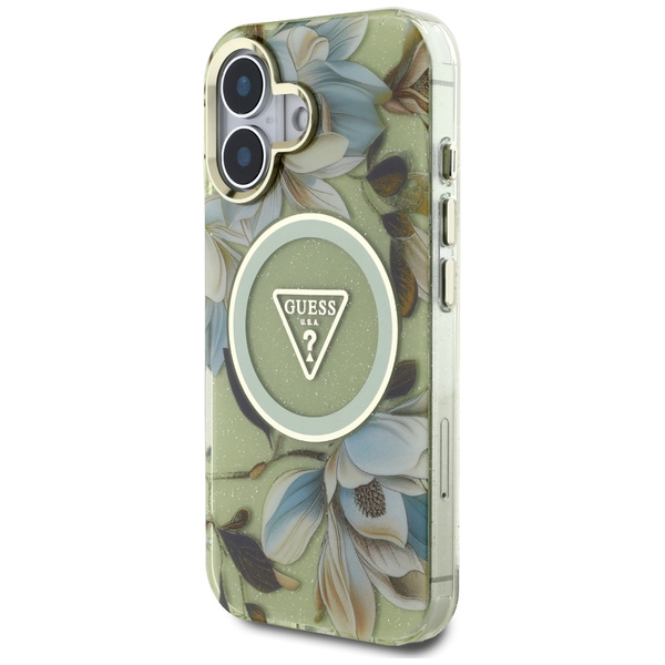 Etui Guess Glitter Flowers Triangle      Buttons MagSafe do iPhone 16 zielony