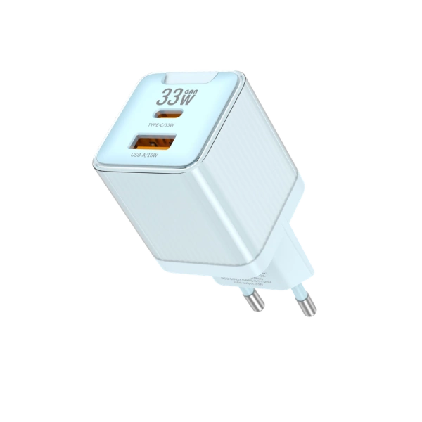 JELLICO wall charger EU55 GaN PD 33W 1xUSB-C + 1xUSB QC3.0 Blue