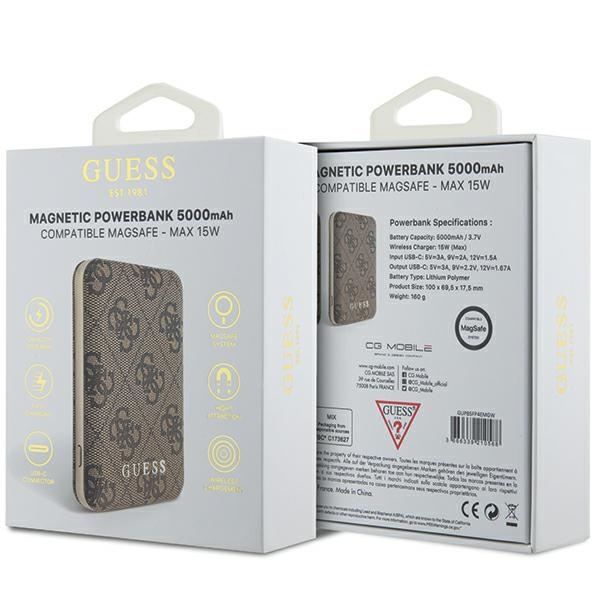 Guess Powerbank indukcyjny 15WGUPB5FP4EMGW 5000mAh brązowy/brown 4G Leather Metal Logo MagSafe