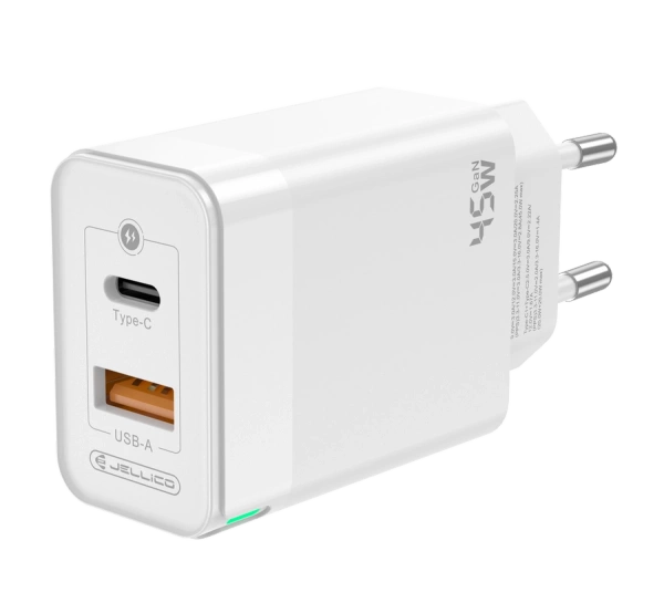 JELLICO ładowarka sieciowa C107 GaN PD 45W 1xUSB-C + 1xUSB QC3.0 + kabel USB-C - USB-C Biały