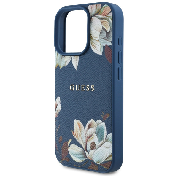 Etui Guess Grained Printed Flower        Pattern MagSafe do iPhone 16 Pro niebieski