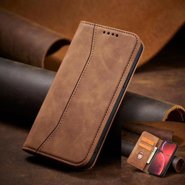MAGNET FANCY CASE CASE FOR IPHONE 13 PRO COVER CARD WALLET CARD STAND BROWN
