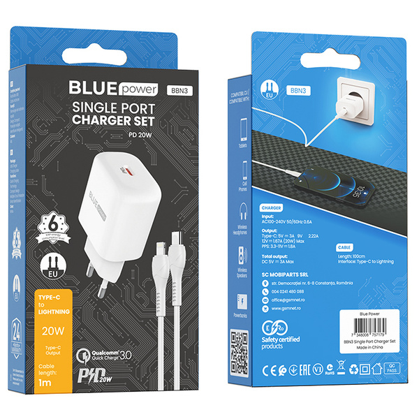 BLUE POWER ŁADOWARKA SIECIOWA BBN3 QC 20W + KABEL LIGHTNING BIAŁY