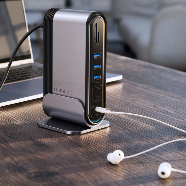 HUB Baseus CAHUB-DG0G 3x USB 3.2 Gen 1 / 2x USB-A / 2x USB-C / czytnik kart SD, micro SD / AUX / 3x HDMI / RJ45 PD 100W (wtyczki EU / CN / UK) - szary