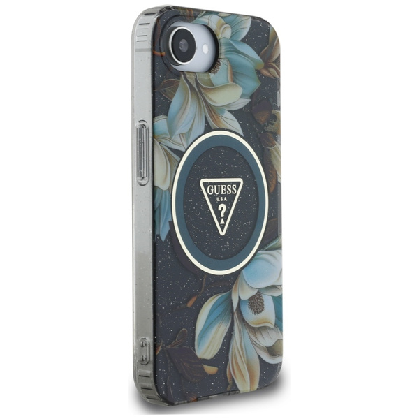 Etui Guess IML Metal Glitter Flowers     Triangle MagSafe do iPhone 16e czarny