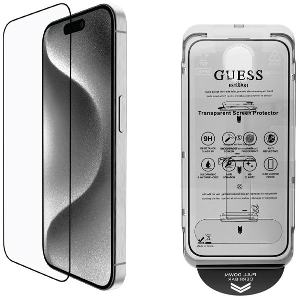Zestaw 2w1 Guess BP Rhinestone szkło na  ekran i obiektyw aparatu do iPhone 16 Pro Max złoty