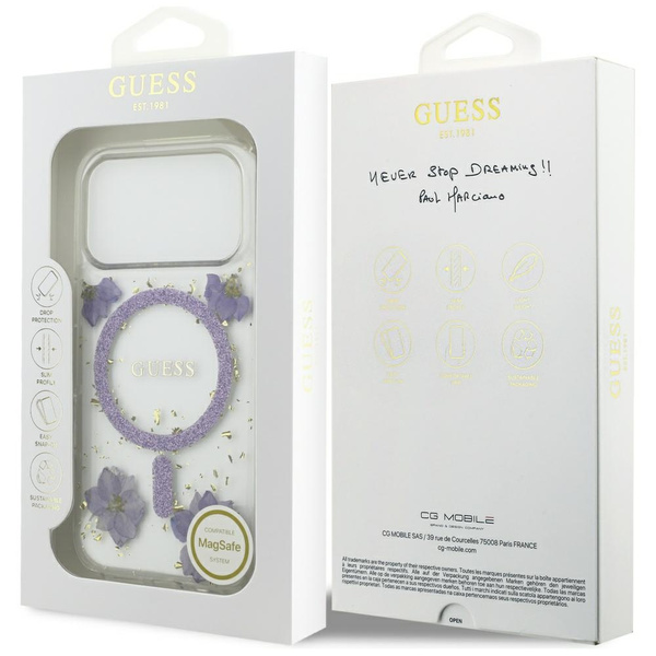 Etui Guess Resin Flowers Glitter MagSafe do iPhone 17 Pro fioletowy