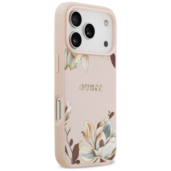 Etui Guess Grained Flowers Classic Logo MagSafe do iPhone 17 Pro Max różowy