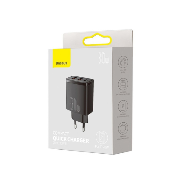 Baseus ładowarka sieciowa Compact PD 30W 1x USB-C 2x USB czarna