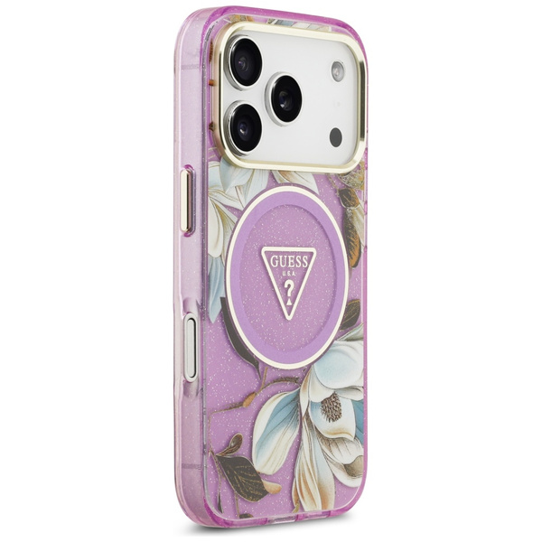 Etui Guess IML Glitter Flowers Triangle  MagSafe do iPhone 17 Pro Max fioletowy