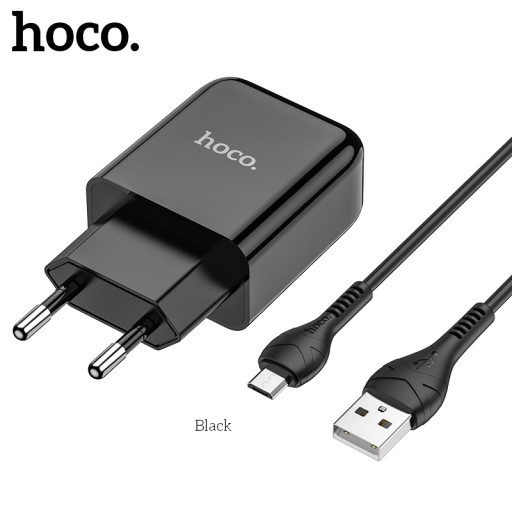 TRAVEL CHARGER N2 HOCO 2.1A 1X USB PLUG + MICRO USB CABLE SET BLACK