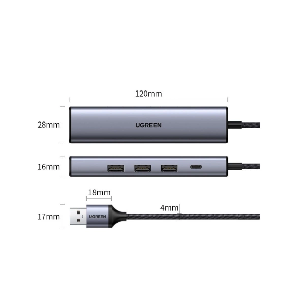 Ugreen multifunctional adapter HUB USB 3.0 - 3 x USB / Ethernet RJ-45 / USB Type C PD gray (CM475)
