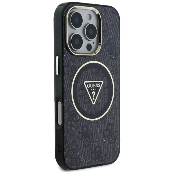 Etui Guess IML Metal Glitter 4G Circle   Triangle MagSafe do iPhone 16 Pro czarny