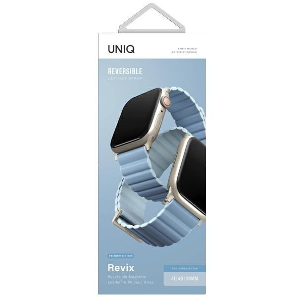 UNIQ pasek Revix Premium Apple WatchSeries 1/2/3/4/5/6/7/8/9/SE/SE2 38/40/41mm Edition Reversible Magnetic Leather biało-niebieski/arctic-soft blue