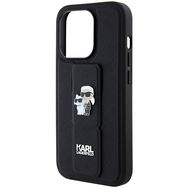 Karl Lagerfeld Gripstand Saffiano Karl&amp;Choupette Pins case for iPhone 14 Pro - black