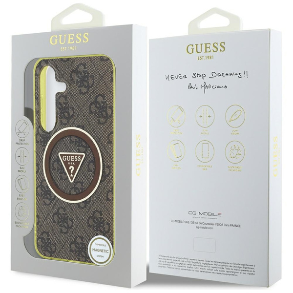 Etui Guess 4G Glitter Triangle Buttons   MagSafe do Samsung Galaxy S25 brązowy