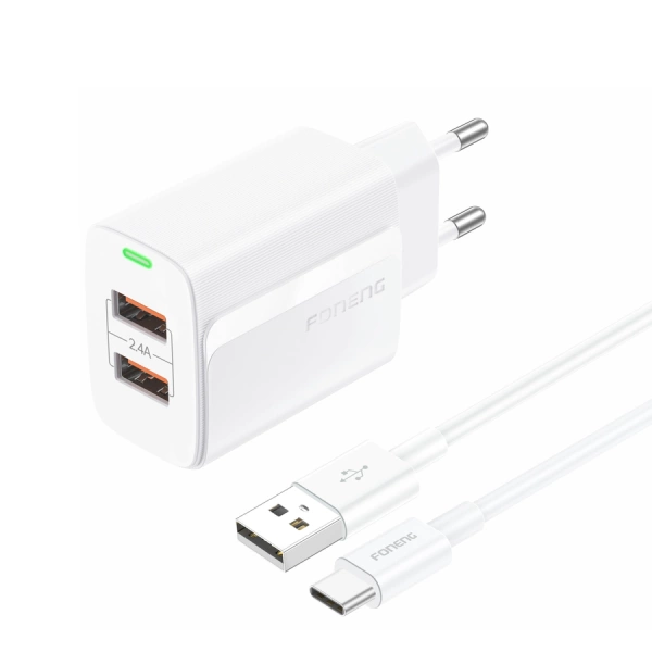 FONENG ładowarka sieciowa EU63 2.4A 12W 2xUSB + kabel USB-C Biały