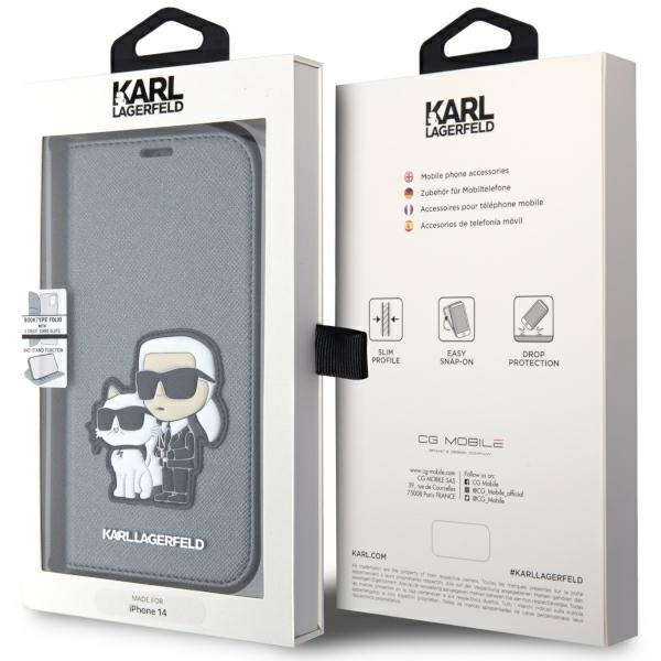 Etui Karl Lagerfeld Saffiano Karl&Choupette na iPhone 14 - srebrne