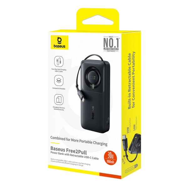 Powerbank Baseus Free2Pull 10000mAh 30W z portem USB-C i rozwijanym kablem USB-C - czarny
