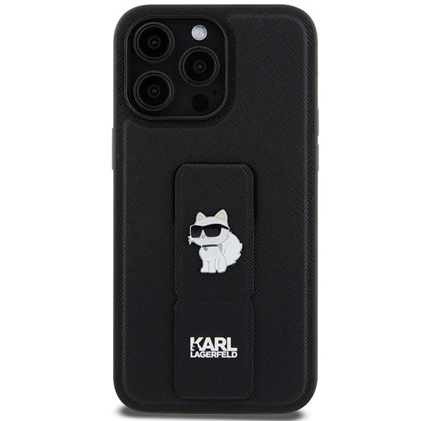Etui Karl Lagerfeld Gripstand Saffiano Choupette Pins na iPhone 13 Pro Max - czarne