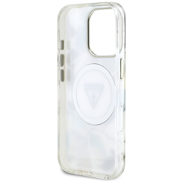 Etui Guess Glitter Flowers Triangle Buttons MagSafe do iPhone 16 Pro biały