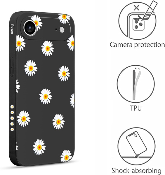 Etui Pnakqil iPhone 17 Pro, modne małe stokrotki, floral design czarne pudełko