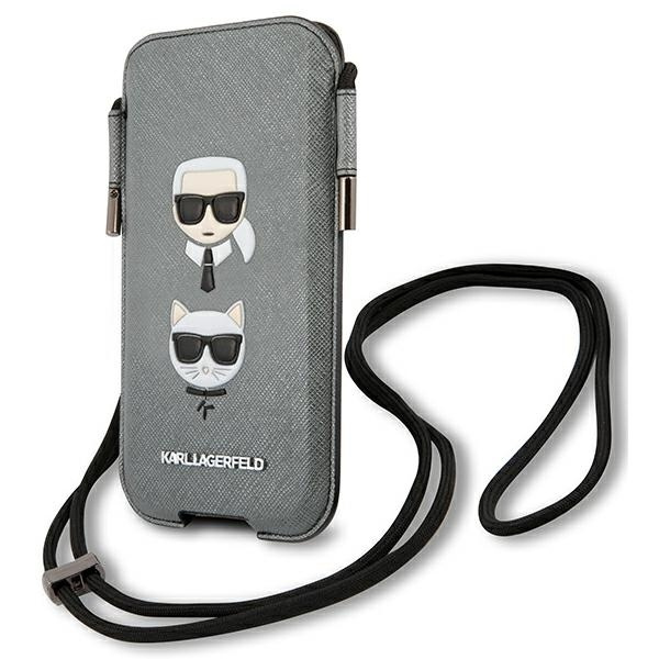 KARL LAGERFELD TOREBKA KLHCP12MOPHKCG 6,1" SZARY/GREY HARDCASE SAFFIANO IKONIK KARL&CHOUPETTE HEAD